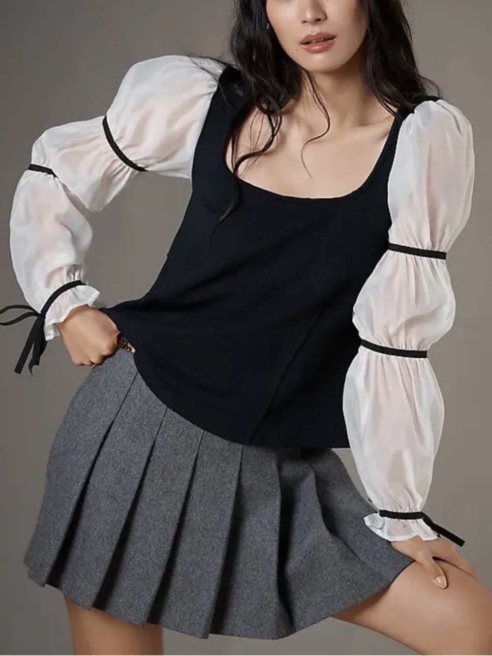 Anthropologie Maeve Balloon Sleeve Black White Top Romantic Blouse Size Small